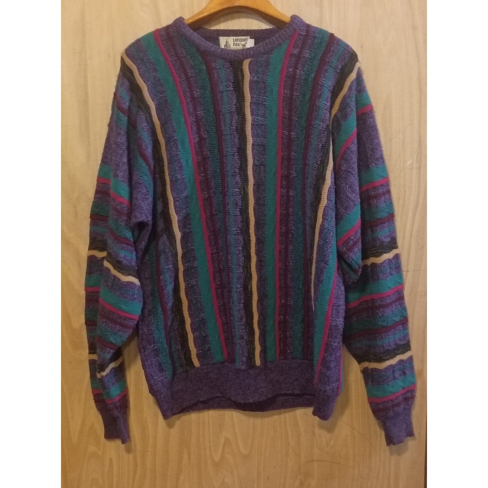 Vintage London Fog Mens XLT Purple Striped Knit Sweater Made in USA Retro 90s
